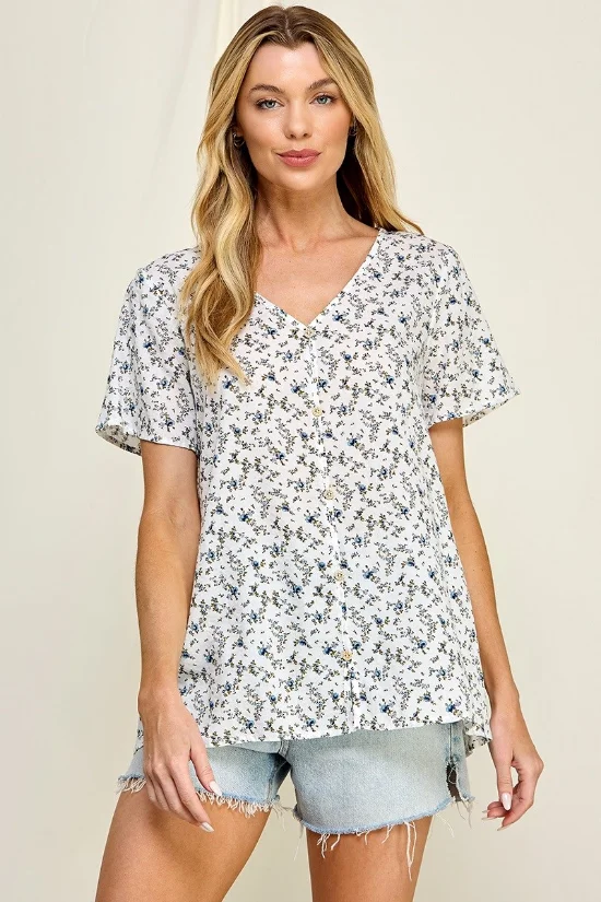 Picture of 221263T-Floral Button Top in White/Blue