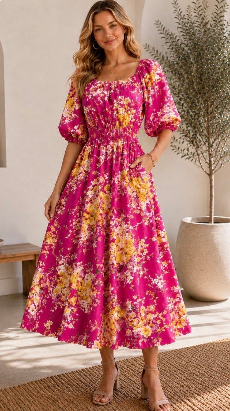 Picture of 031126D-S-Foral print midi dress